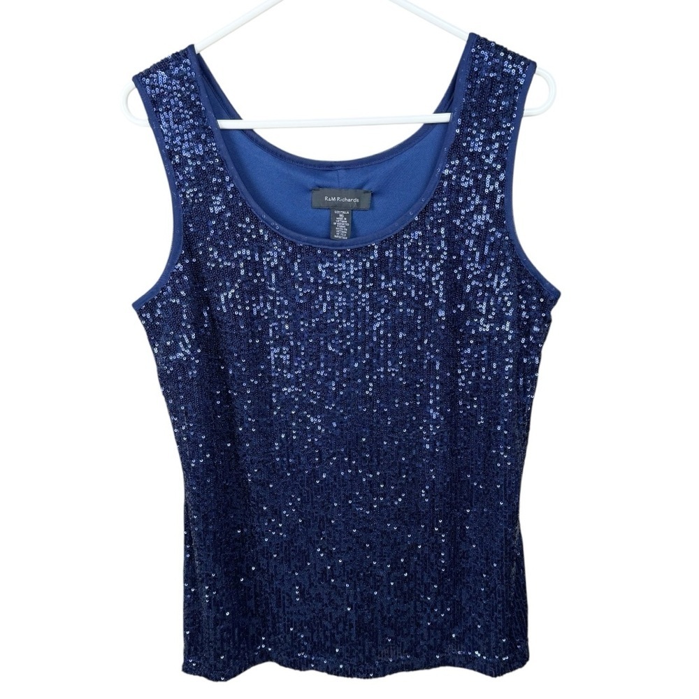 R&M Richards Navy Blue Sequin Tank Evening Party Top Size 16